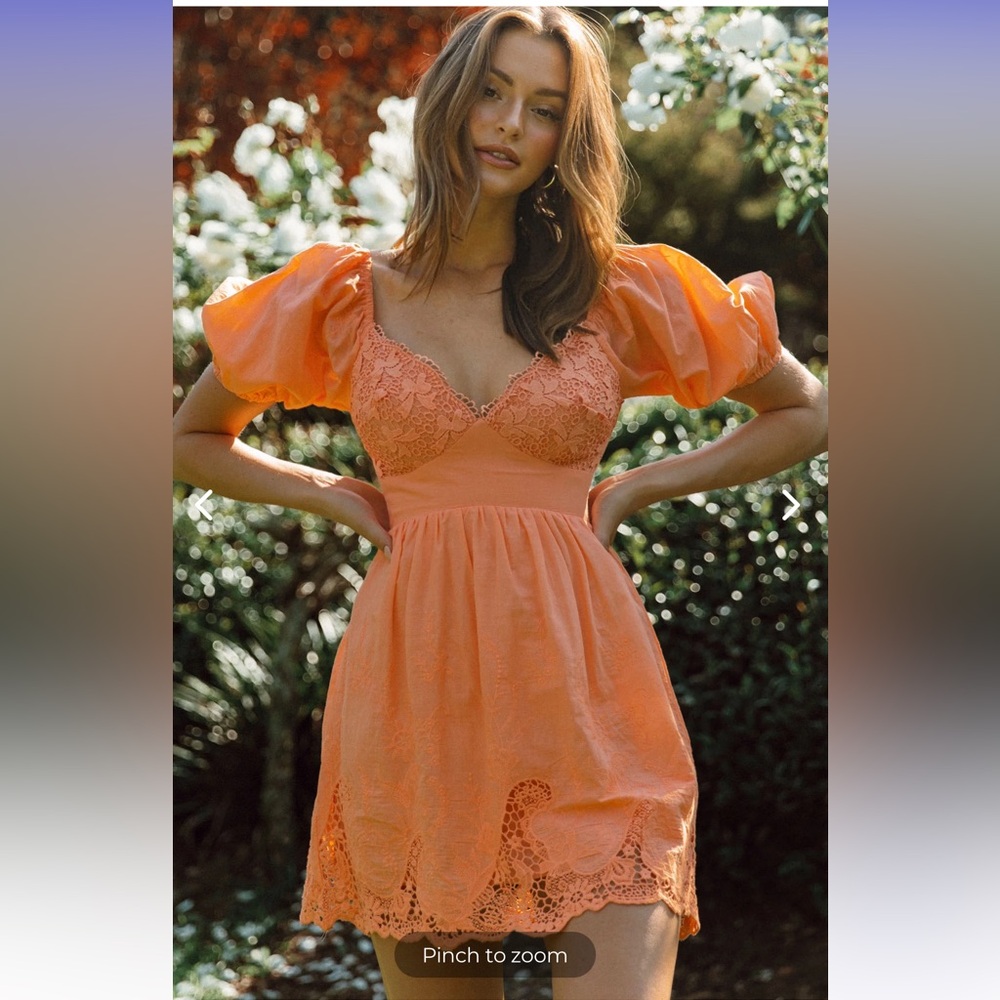 LOVERS LANE LACE TRIM PUFF SLEEVE DRESS NEON ORANGE
